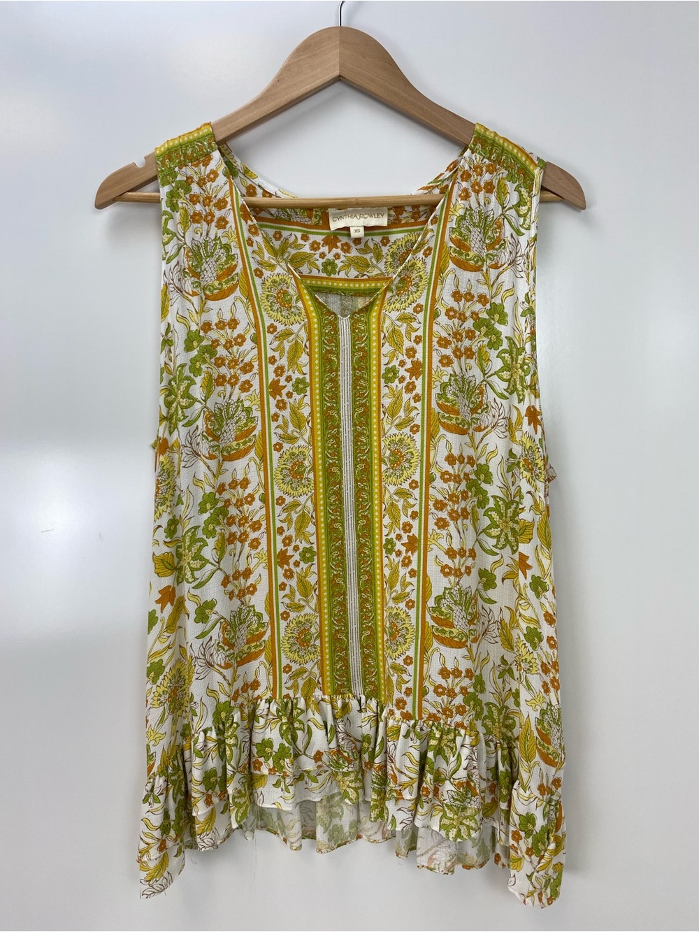 Cynthia Rowley Floral Border Print Sleeveless Camisole in White/Green/Gold